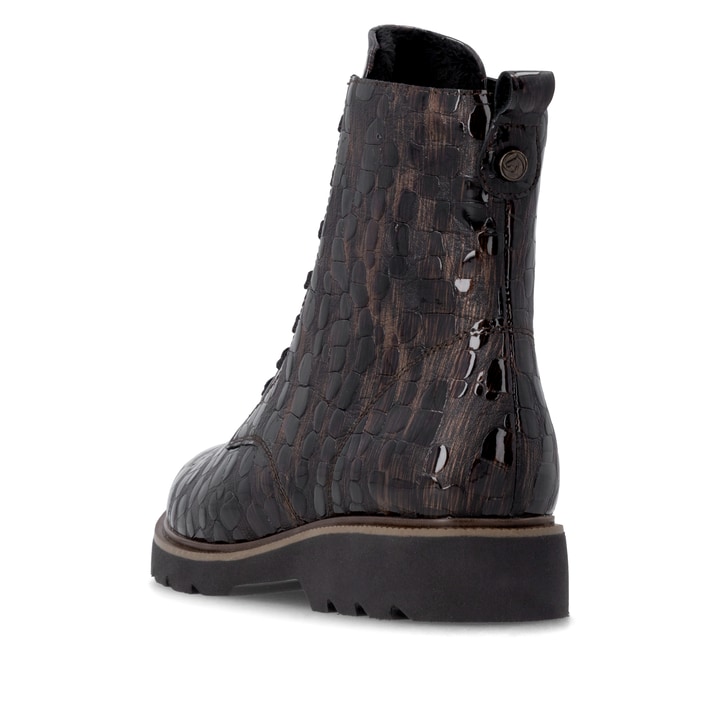 Dunkelbraune remonte Damen Schnürstiefel D3S72-25 mit einem Reißverschluss. Schuh von hinten.