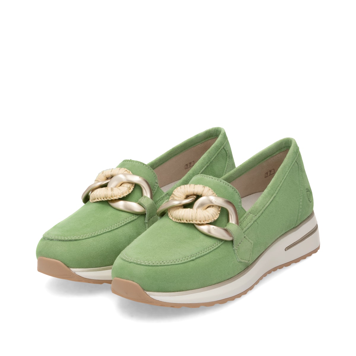 Grüne remonte Damen Loafer D1G11-52 mit Gummizug sowie gepolsterter Einlegesohle. Schuhpaar seitlich schräg.