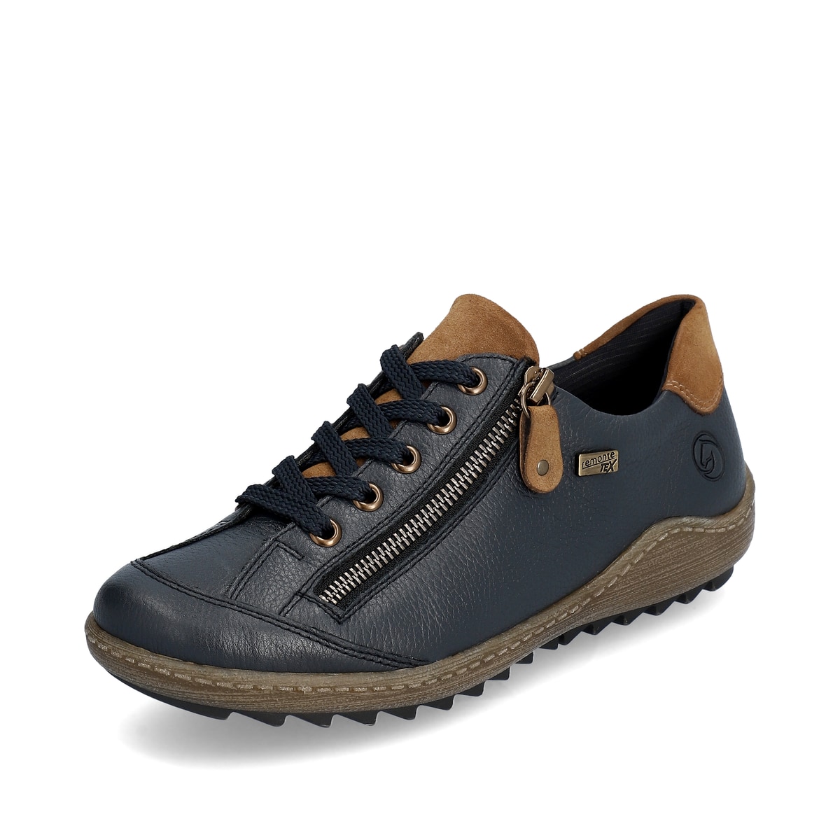 Dunkelblau-braune remonte Damen Schnürschuhe R1402-16. Schuh seitlich schräg.