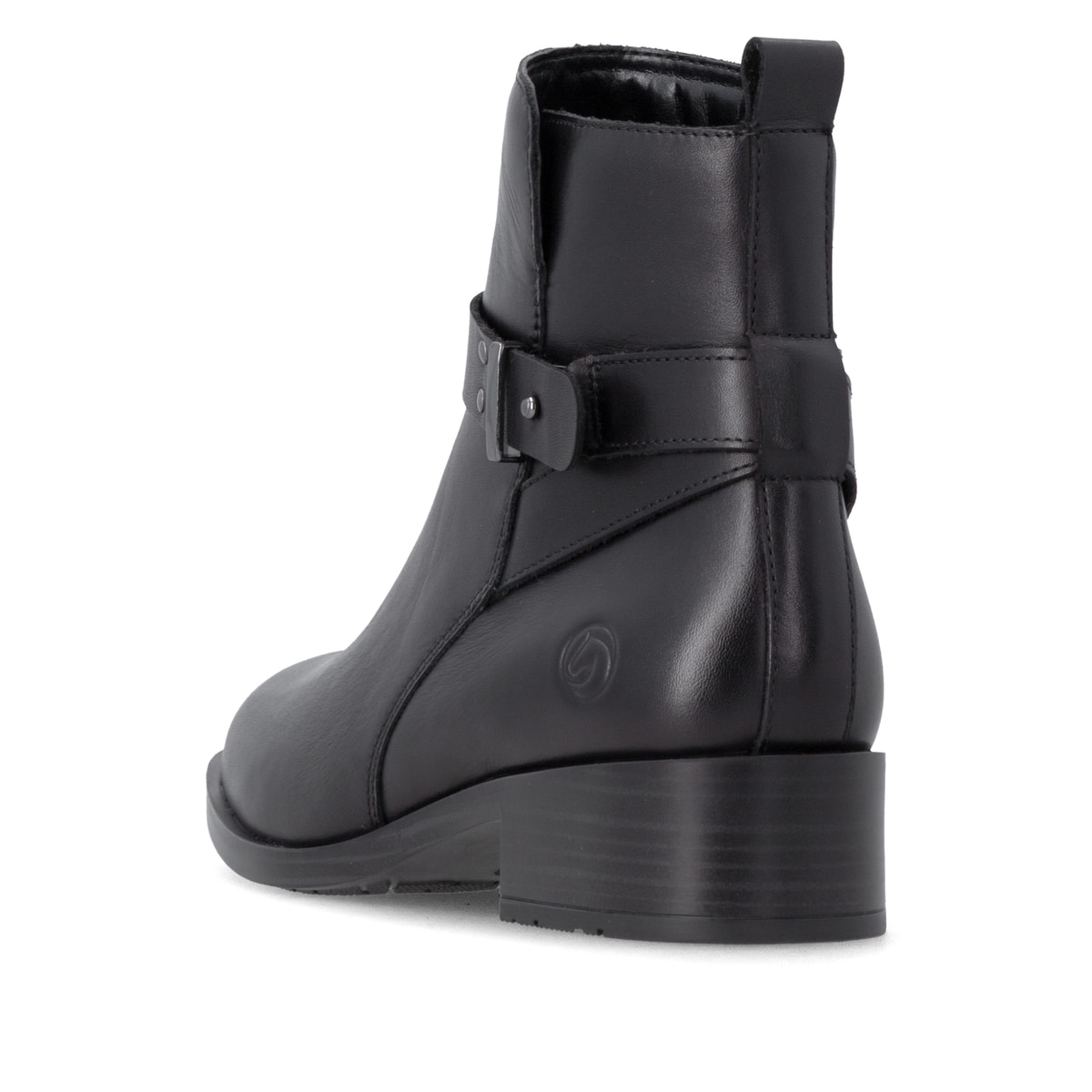 Schwarze remonte Damen Stiefeletten D3U72-00 mit einem Reißverschluss. Schuh von hinten.