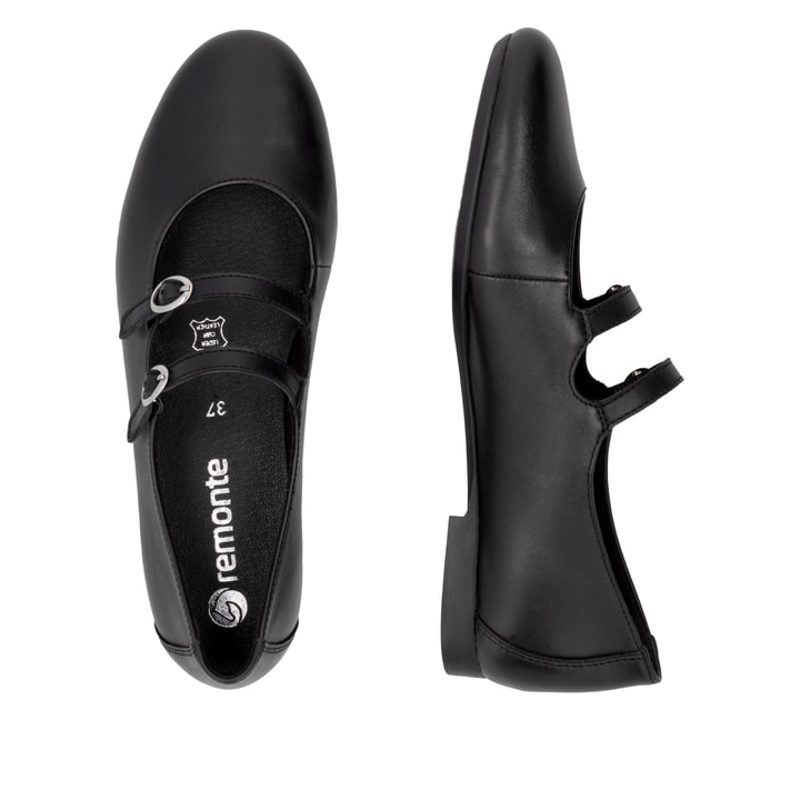 Schwarze remonte Damen Loafer D0K11-00 mit einer Schnalle. Schuh von oben, liegend.
