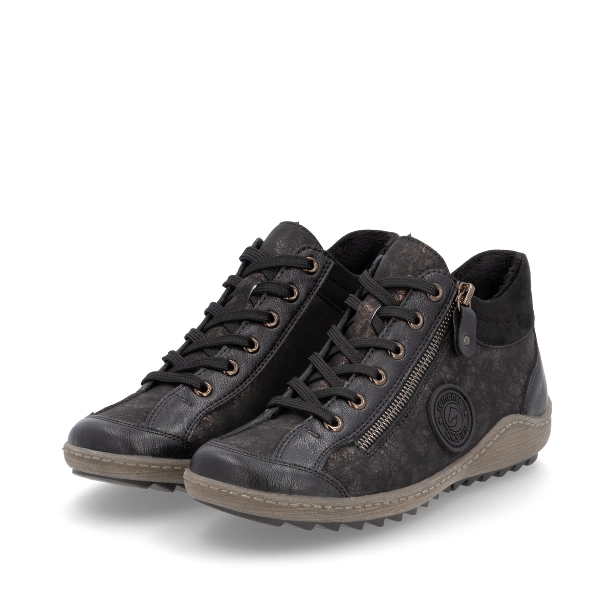 Schwarz-bronzene remonte Damen Schnürstiefel R1477-90 mit einem Reißverschluss. Schuhpaar seitlich schräg.