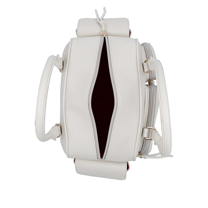 Sac à main remonte Q0769-60 blanc avec finitions métalliques et fermeture éclair. Ouvert.