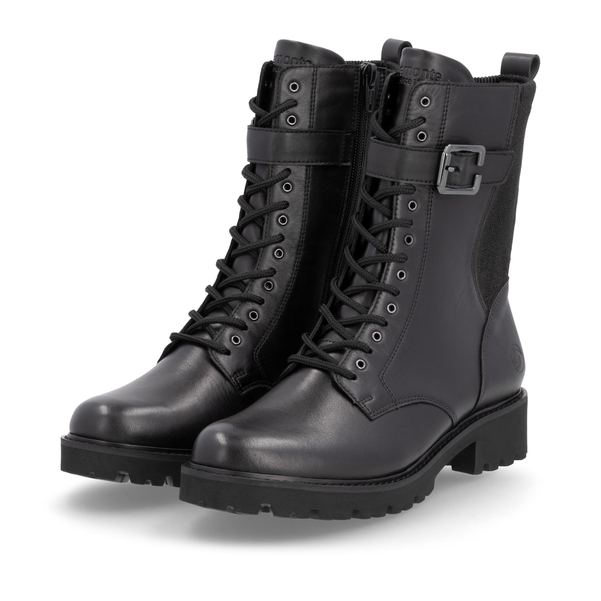 Stahlschwarze remonte Damen Biker Boots D8664-00 mit Zierschnalle. Schuhpaar seitlich schräg.