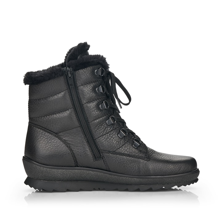 Tiefschwarze remonte Damen Schnürstiefel R8480-01 mit Schnürung und Reißverschluss. Schuh Innenseite