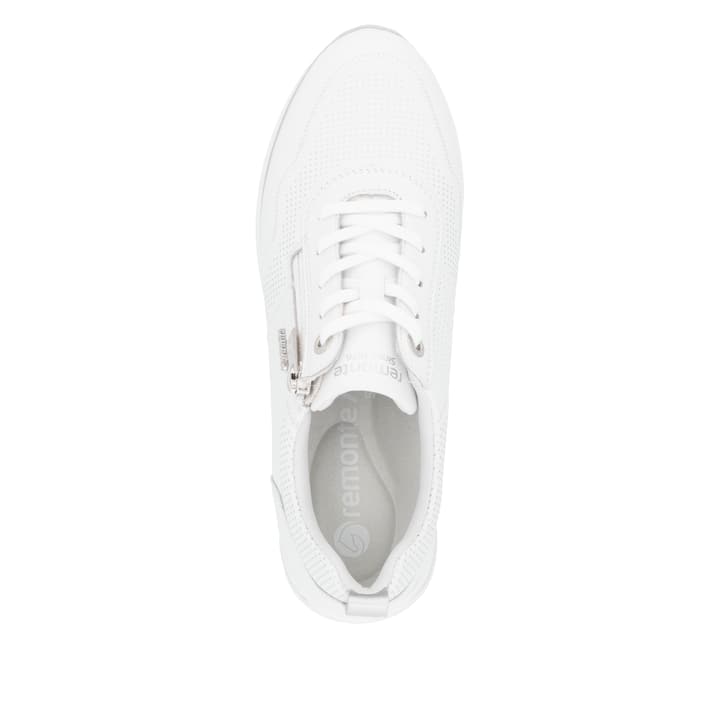 Weiße remonte Damen Sneaker Low D1G09-80 mit einem Reißverschluss. Schuh von oben.