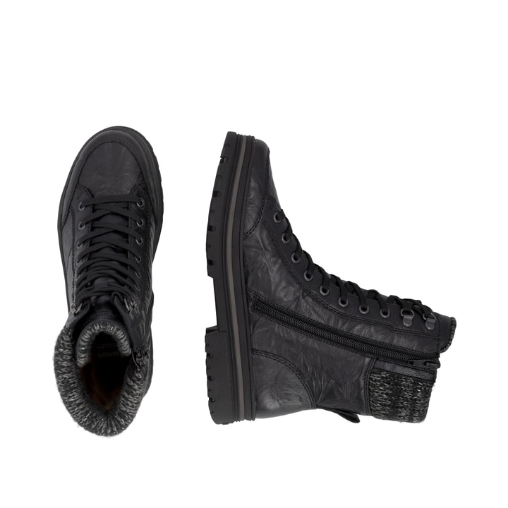 Schwarze remonte Damen Schnürstiefel D2U70-03 mit wasserabweisender TEX-Membran. Schuh von oben, liegend.