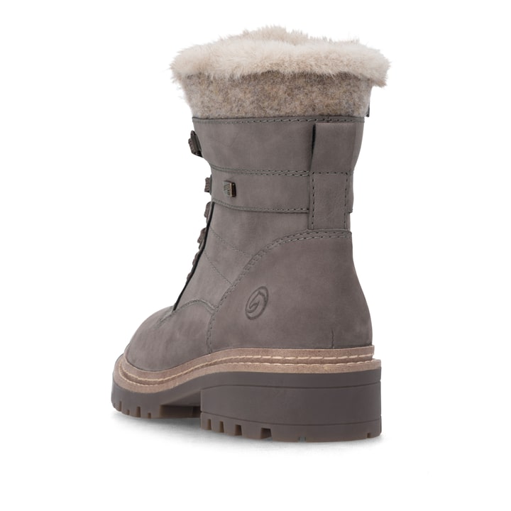 Graue remonte Damen Schnürstiefel D0B81-42 mit wasserabweisender TEX-Membran. Schuh von hinten.