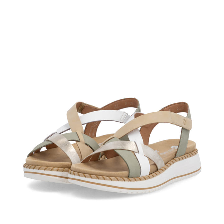 Grünbeige remonte Riemchensandalen D3J53-52 mit einem Klettverschluss. Schuhpaar seitlich schräg.