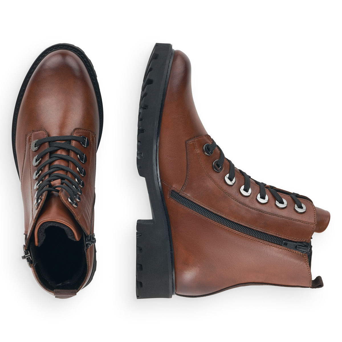 Schokobraune remonte Damen Biker Boots D8671-22 mit markanten Ösen. Schuh von oben, liegend.