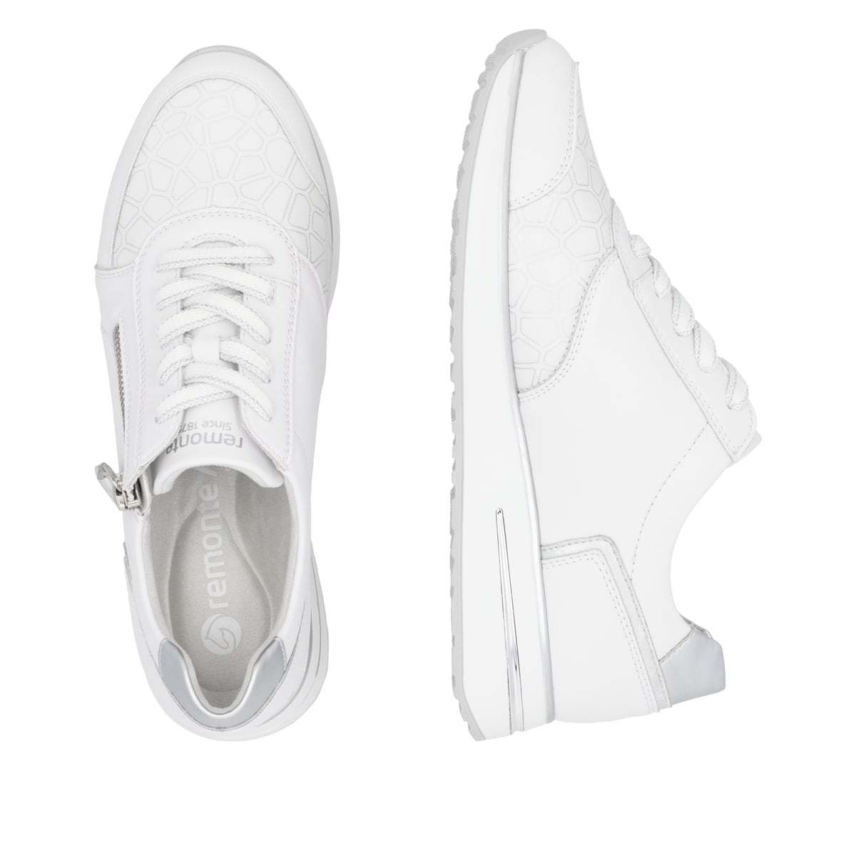 Weiße remonte Damen Sneaker Low D1G10-80 mit einem Reißverschluss. Schuh von oben, liegend.