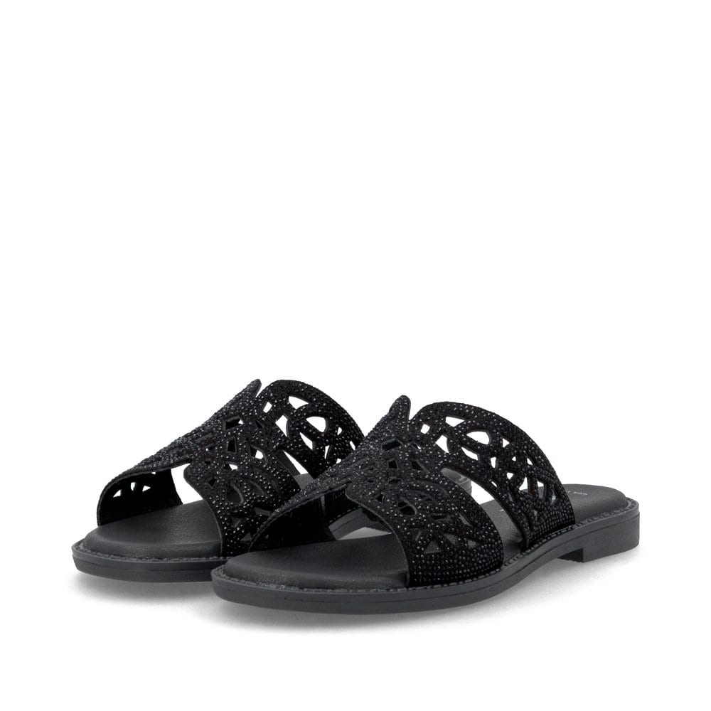 Mules remonte noires vegan pour femme D3647-00 avec bande élastique. Chaussures inclinées sur le côté.