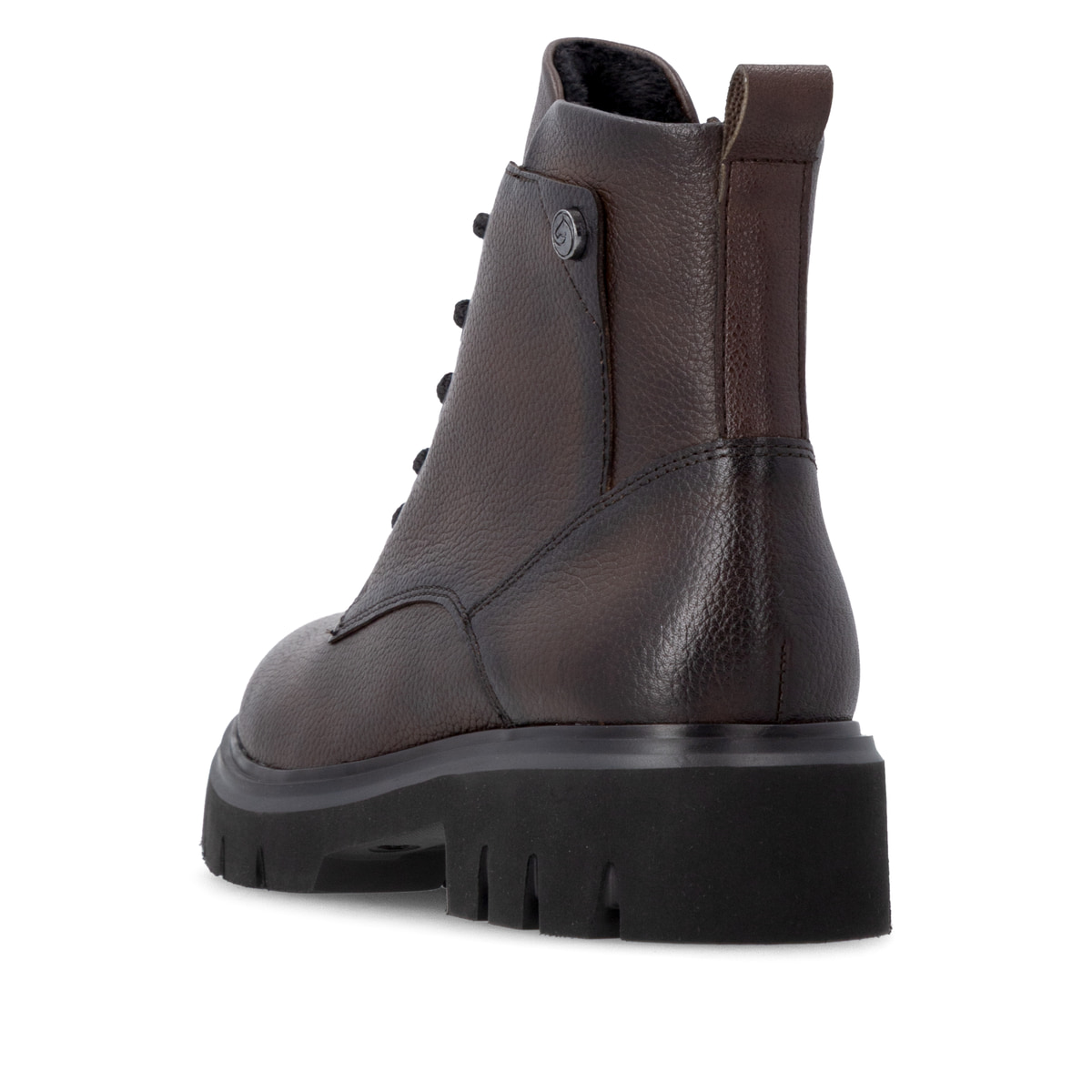 Dunkelbraune remonte Damen Schnürstiefel D1W83-25 mit einem Reißverschluss. Schuh von hinten.