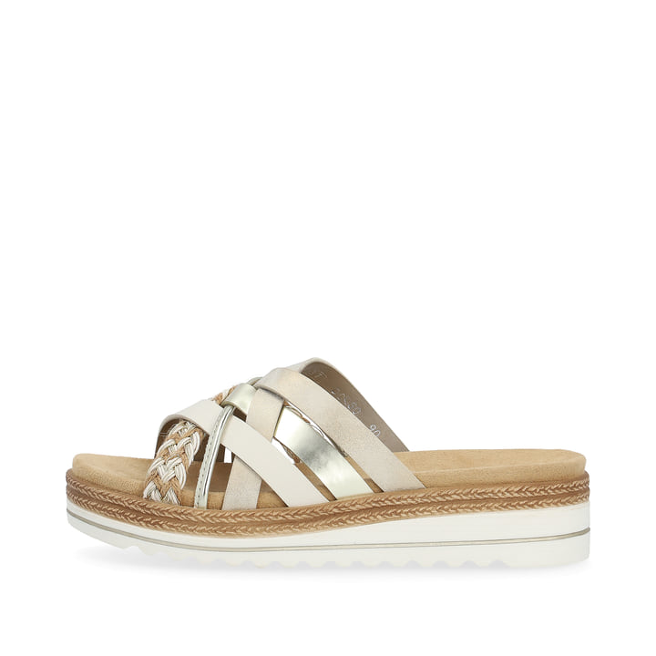 Metallische vegane remonte Damen Pantoletten D0Q50-90 mit weicher Einlegesohle. Schuh Außenseite.