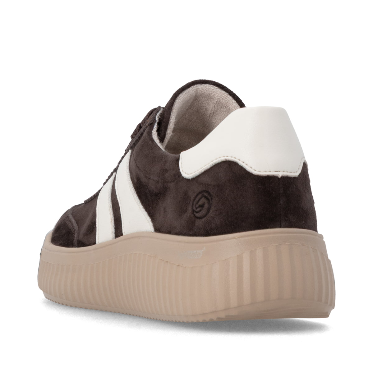Dunkelbraune remonte Damen Sneaker D3E00-25 mit lightsole+ sowie einer Schnürung. Schuh von hinten.