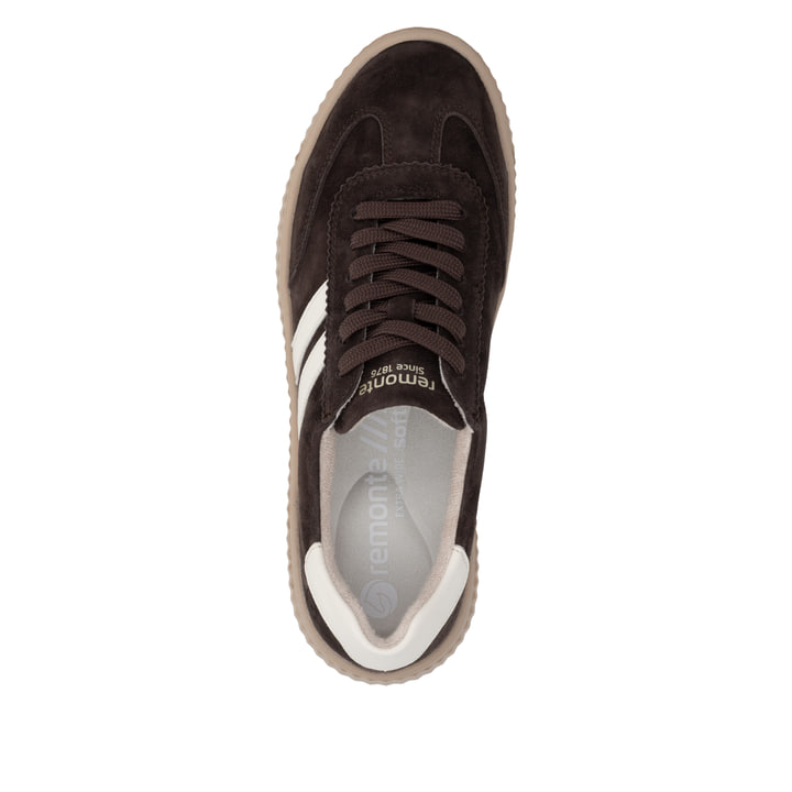 Dunkelbraune remonte Damen Sneaker D3E00-25 mit lightsole+ sowie einer Schnürung. Schuh von oben.