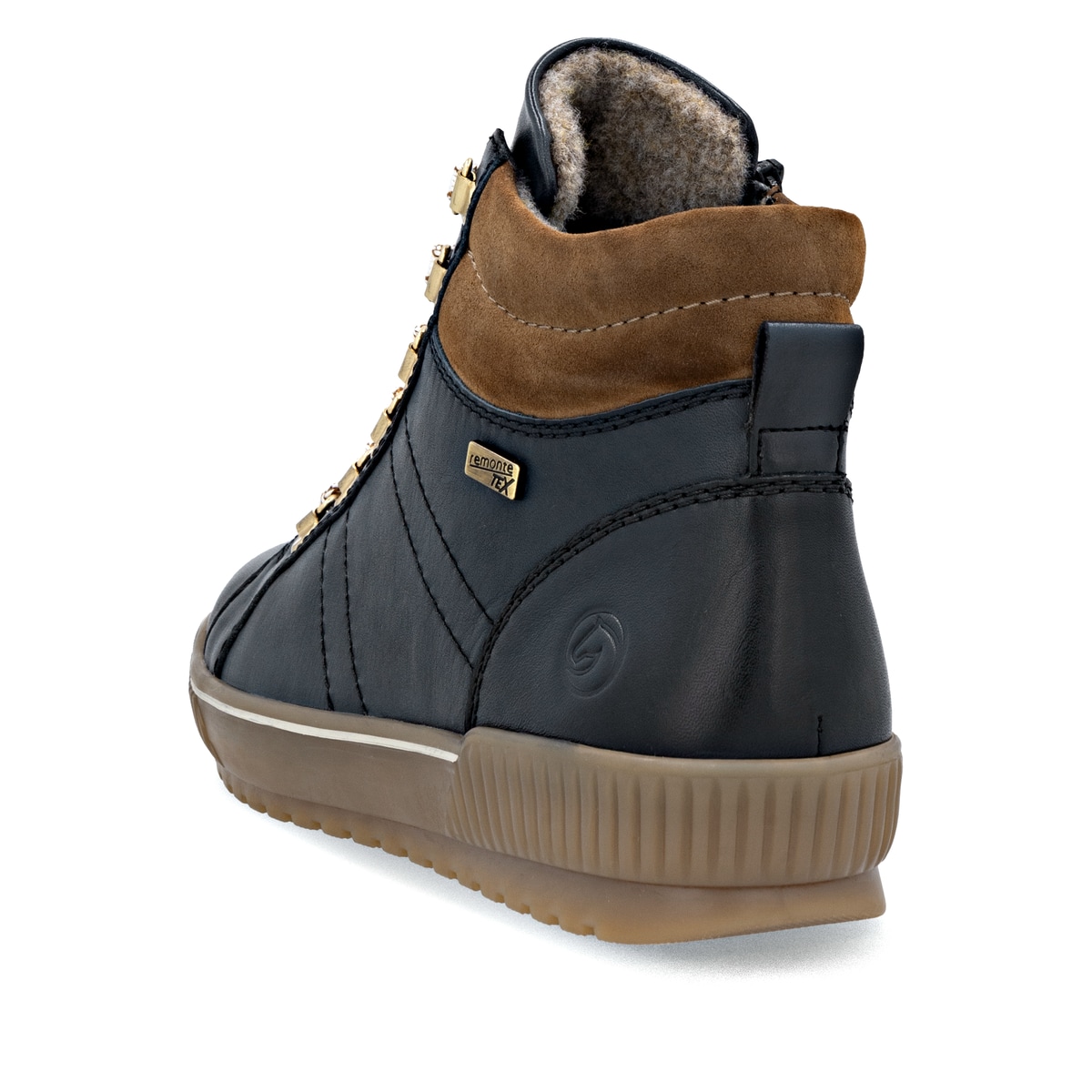 Blaue remonte Damen Schnürstiefel D0781-14 mit wasserabweisender TEX-Membran. Schuh von hinten.