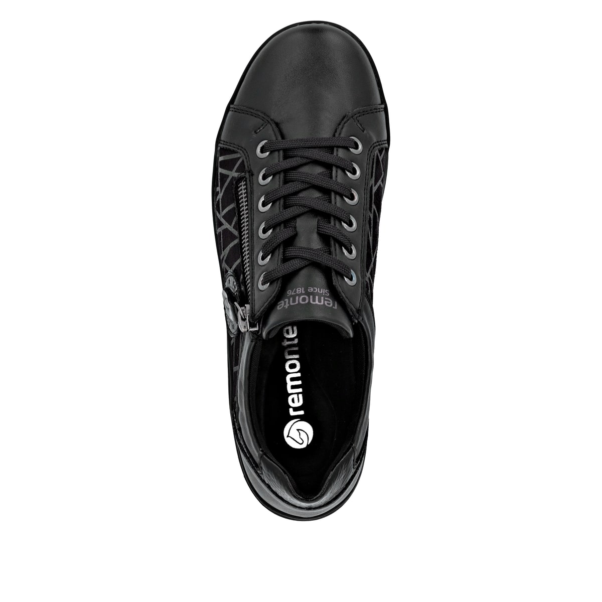 Schwarze remonte Damen Sneaker D1E10-02 mit Reißverschluss sowie Komfortweite G. Schuh von oben.
