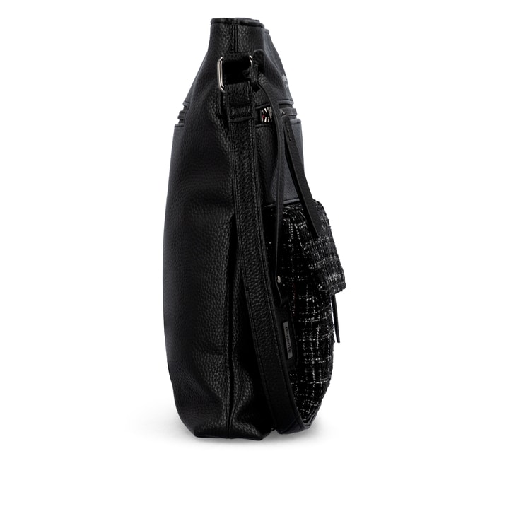 Sac bandoulière remonte Q0729-01 en noir avec des bretelles ajustables et deux poches extérieures. Côté droit.