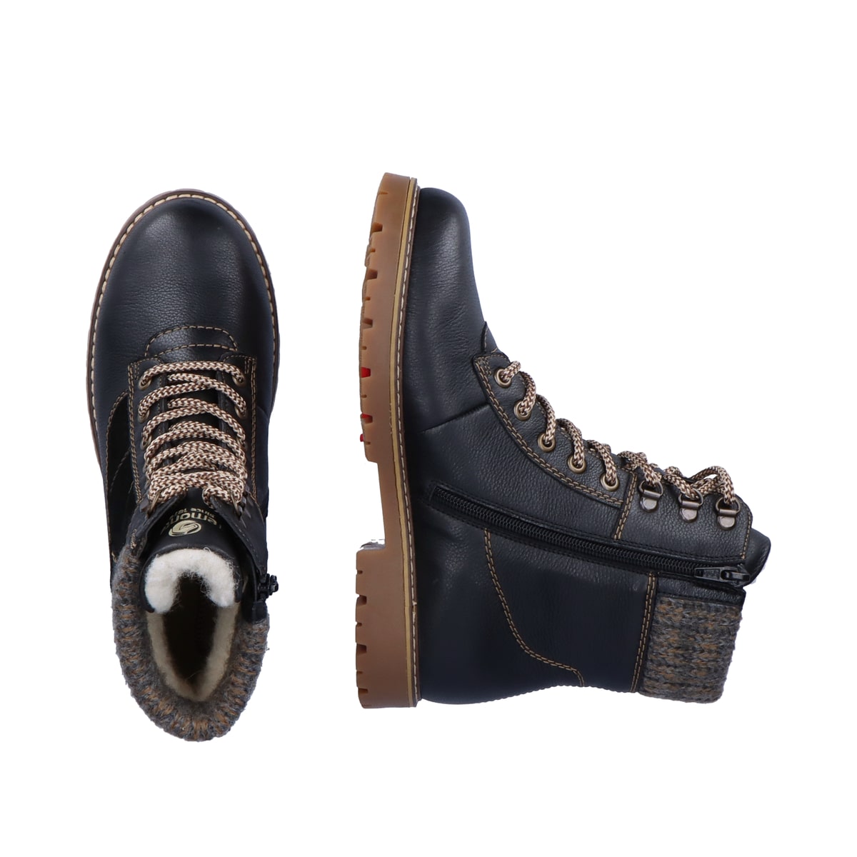 Schwarze remonte Damen Schnürstiefel D9378-00 mit Flip-Grip Sohle. Schuh von oben, liegend.