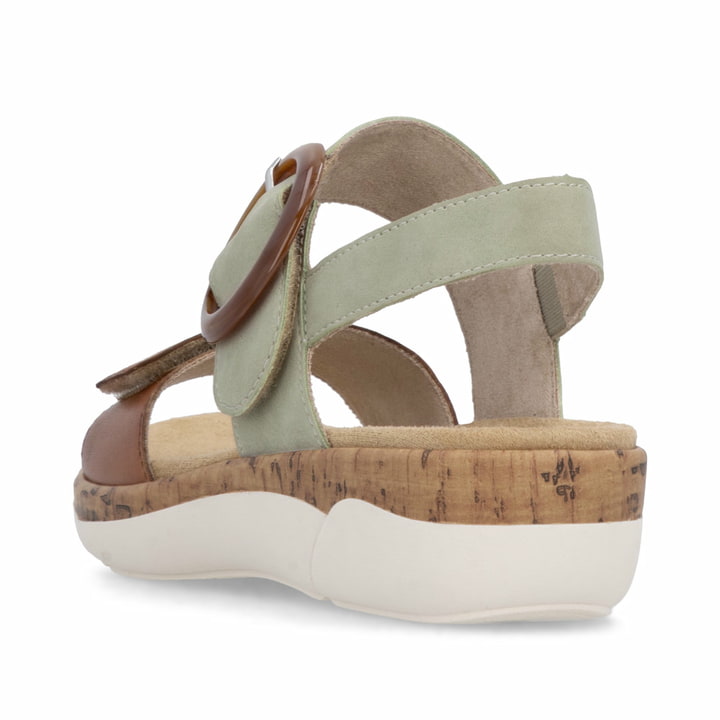 Braungrüne remonte Riemchensandalen R6853-24 mit trendiger Schnalle. Schuh von hinten.