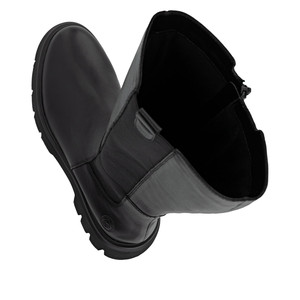 Schwarze remonte Hochschaftstiefel D1W80-00 mit einem Reißverschluss. Schuh von oben, liegend.