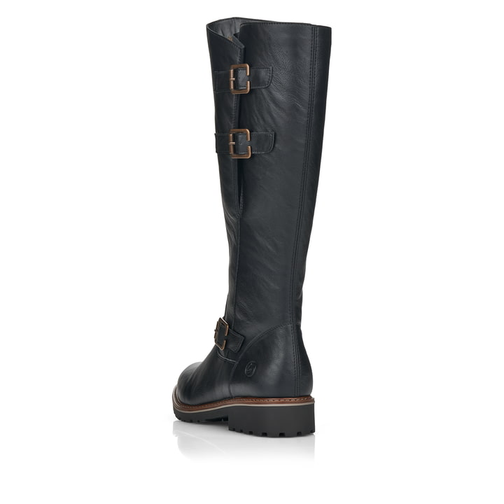 Nachtschwarze remonte Damen Hochschaftstiefel R6590-01 mit einer Profilsohle. Schuh von hinten