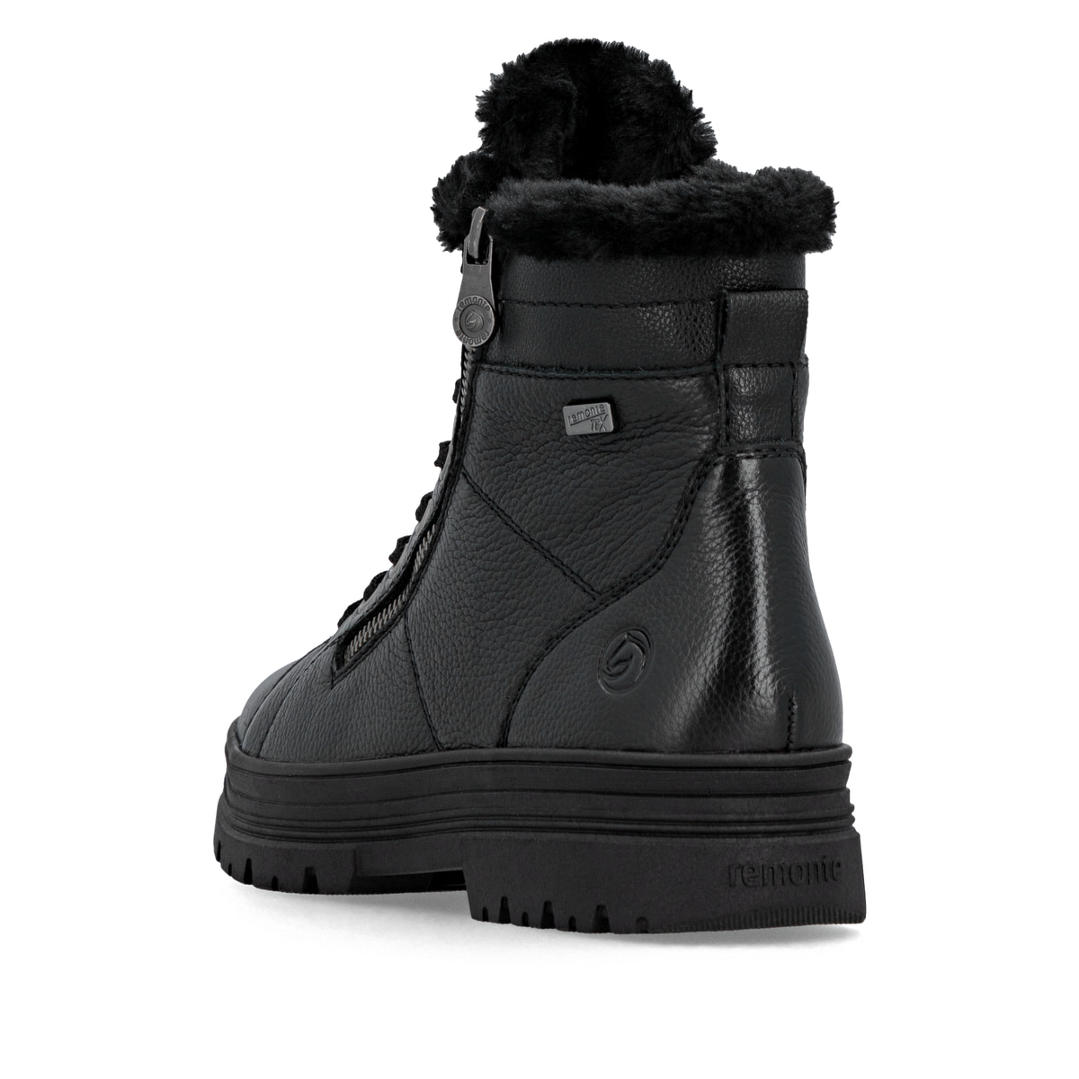 Schwarze remonte Damen Schnürstiefel D2U73-00 mit griffiger Glass-Fibre Sohle. Schuh von hinten.