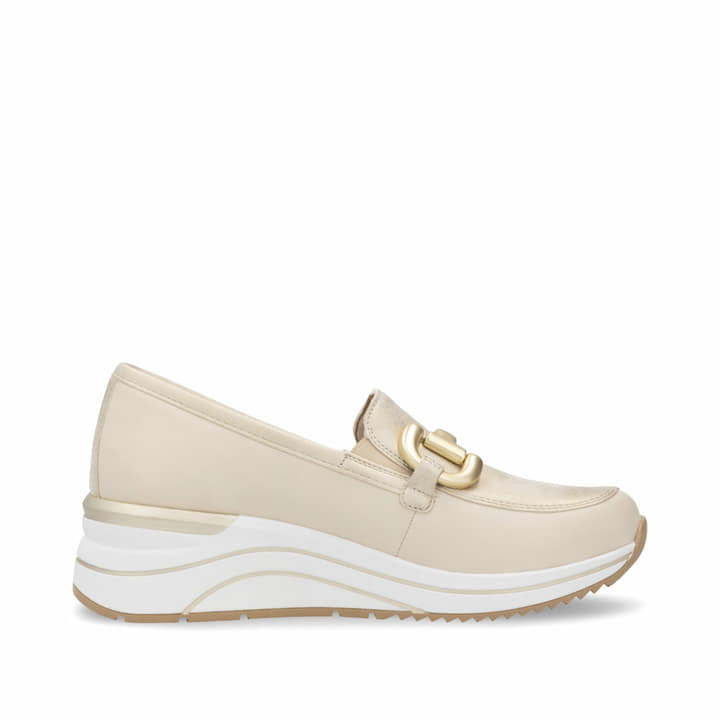 Mocassins remonte beiges pour femme D0T12-60 avec éléments décoratifs. Intérieur de la chaussure.