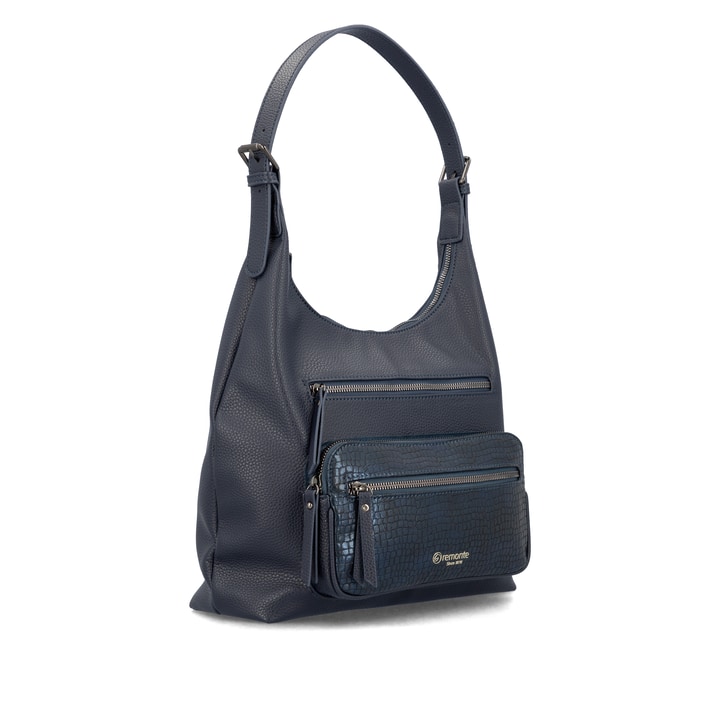 Sac bandoulière remonte Q0725-14 en bleu avec un compartiment principal spacieux, fermeture éclair et deux poches extérieures. Côté gauche.
