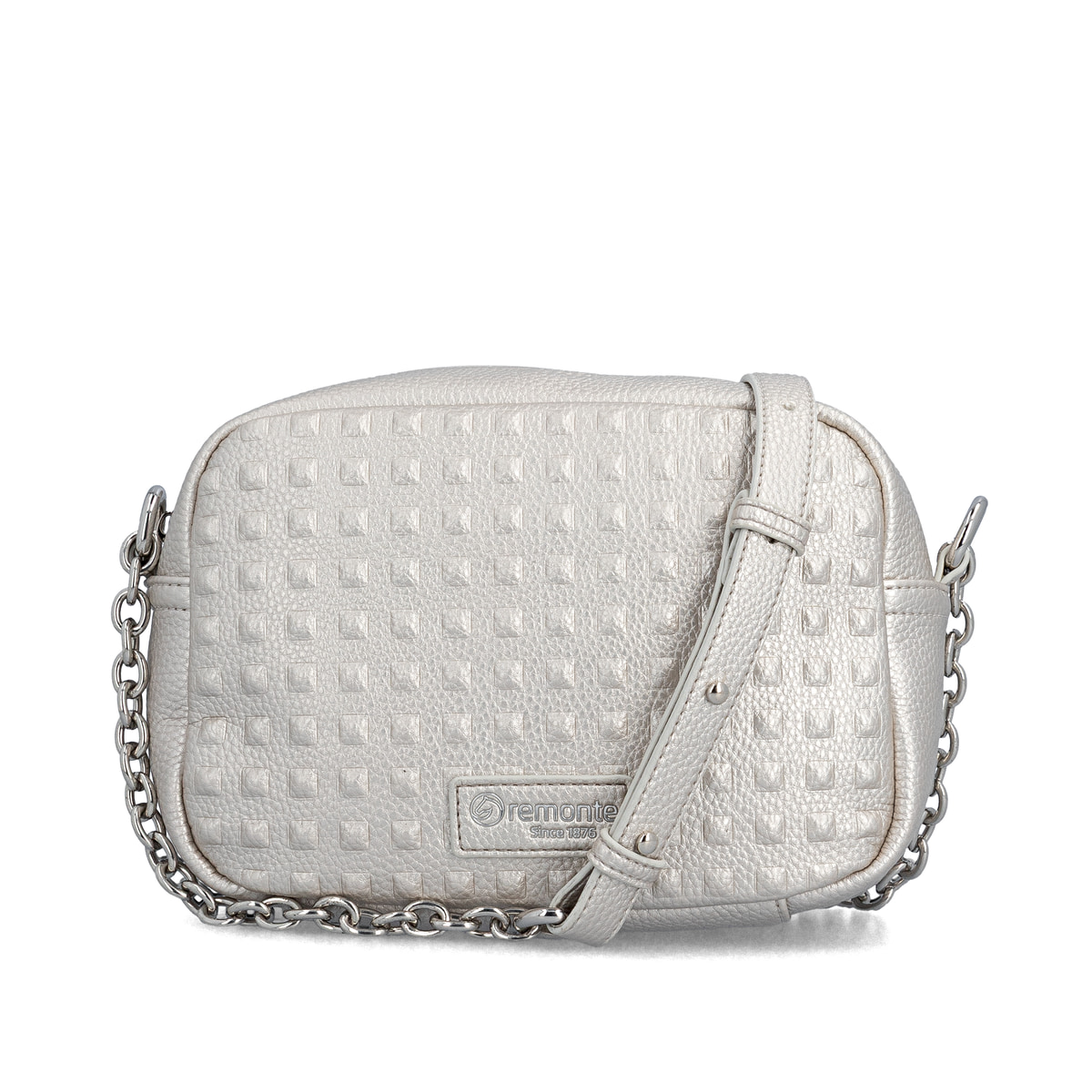 Sac à main remonte Q0667-90 gris avec détails de chaîne et fermeture éclair. Devant.