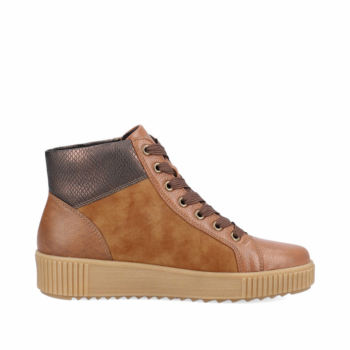Nougatbraune remonte Damen Schnürstiefel R7997-24 mit Schnürung und Reißverschluss. Schuh seitlich schräg