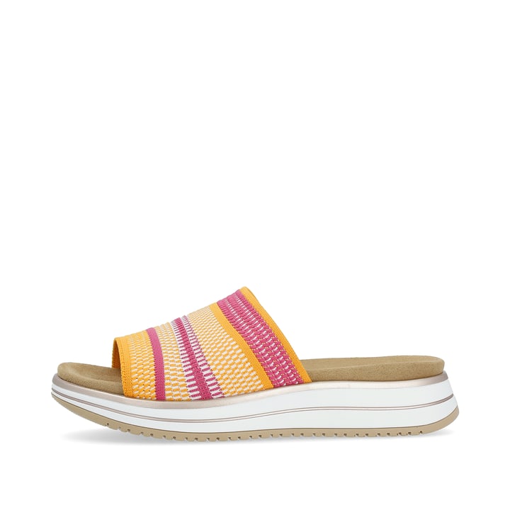 Gelbe remonte Damen Pantoletten D1J54-68 mit Gummizug sowie weicher Einlegesohle. Schuh Außenseite.