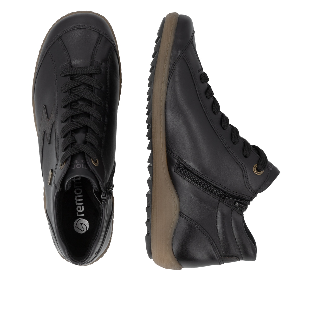 Schwarz-bronzene remonte Damen Schnürstiefel R1454-03. Schuh von oben, liegend.