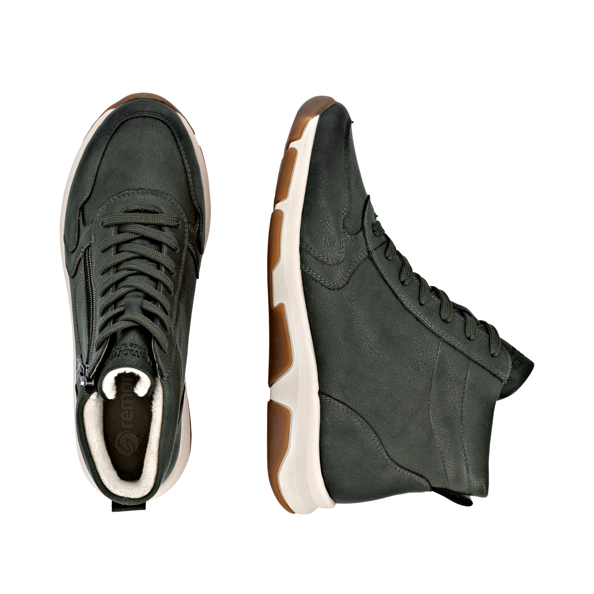 Grüne remonte Damen Schnürstiefel D1S71-52 mit wasserabweisender TEX-Membran. Schuh von oben, liegend.