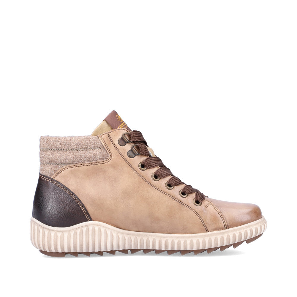 Hellbeige remonte Damen Schnürstiefel R7998-60 mit Schnürung und Reißverschluss. Schuh seitlich schräg