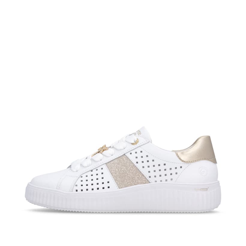 Weißbeige remonte Damen Schnürschuhe D3E04-80 mit dekorativem Schmuckdetail. Schuh Außenseite.