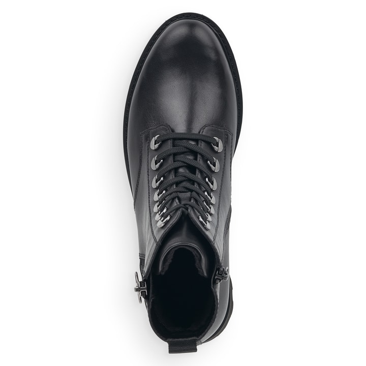 Schwarze remonte Damen Schnürstiefel D8671-01 mit einem Reißverschluss. Schuh von oben.
