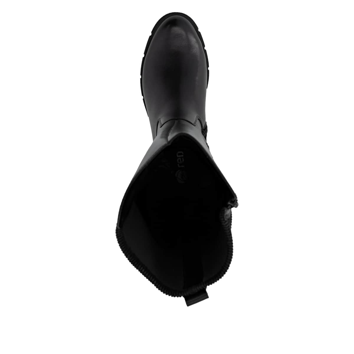 Schwarze remonte Hochschaftstiefel D2S74-00 mit einem Reißverschluss. Schuh von oben.