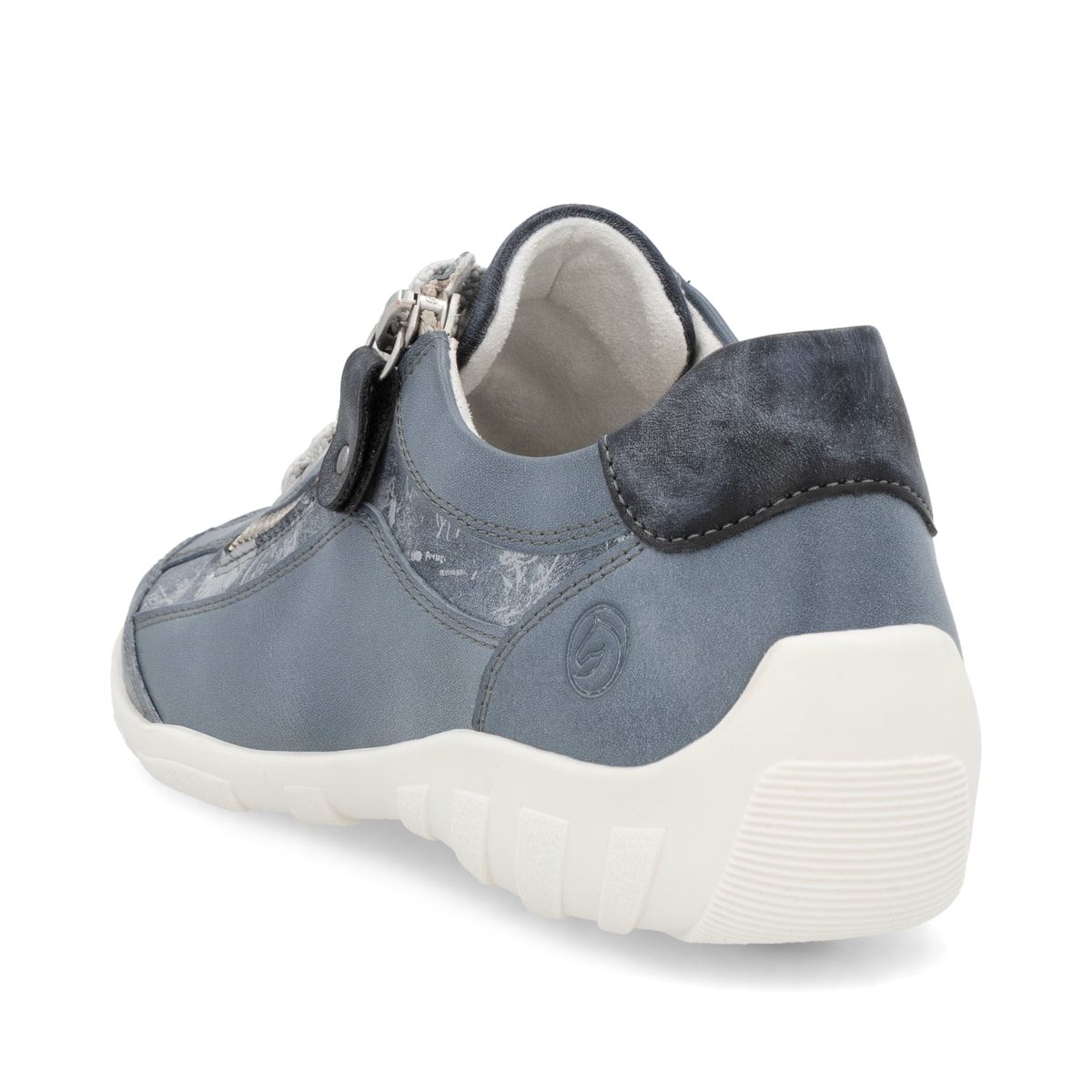 Blaue remonte Damen Schnürschuhe R3412-14 mit einem Reißverschluss. Schuh von hinten.