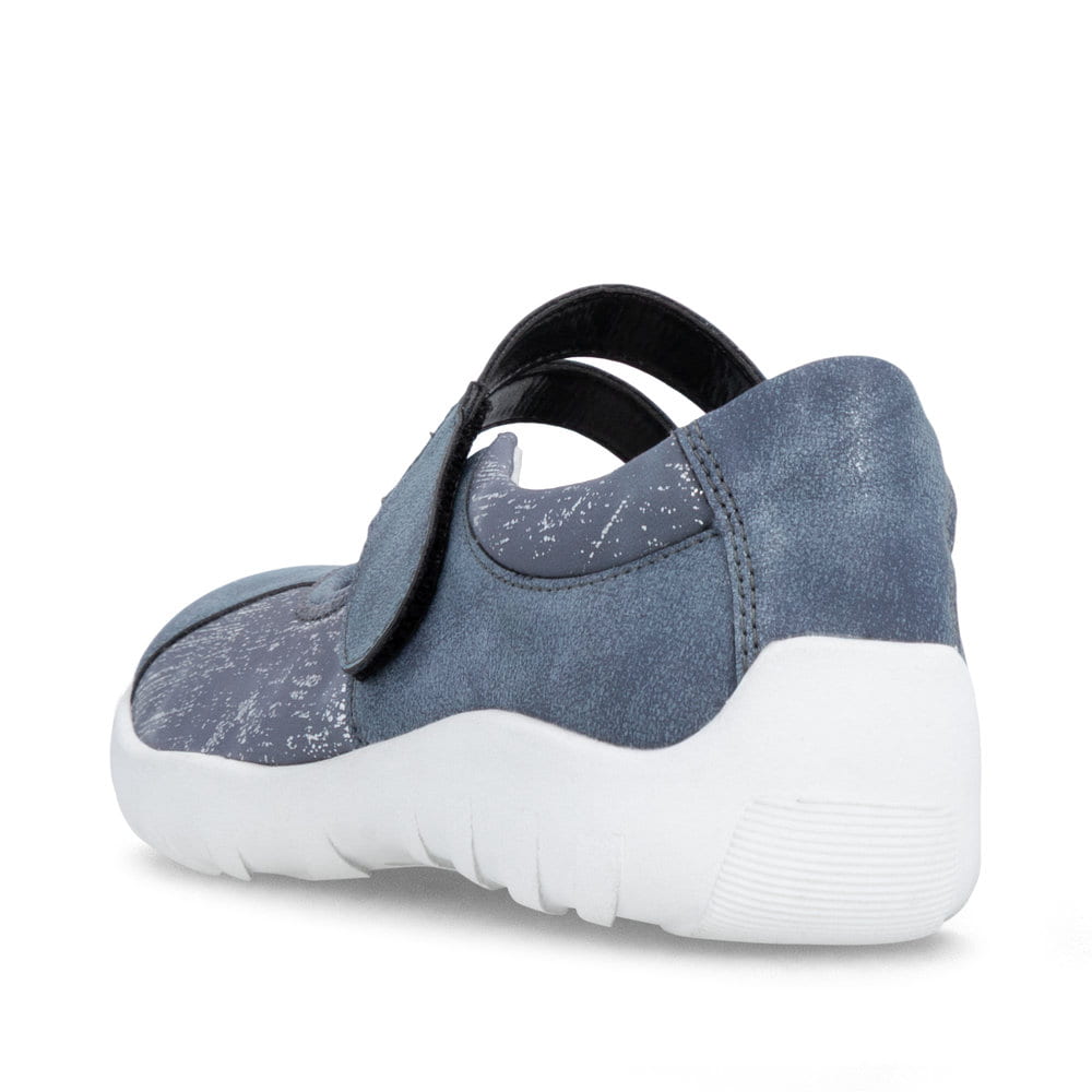 Blaue remonte Ballerinas R3510-13 mit einem Klettverschluss sowie Komfortweite G. Schuh von hinten.