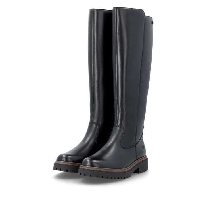Schwarze remonte Hochschaftstiefel D4B71-00 mit wasserabweisender TEX-Membran. Schuhpaar seitlich schräg.