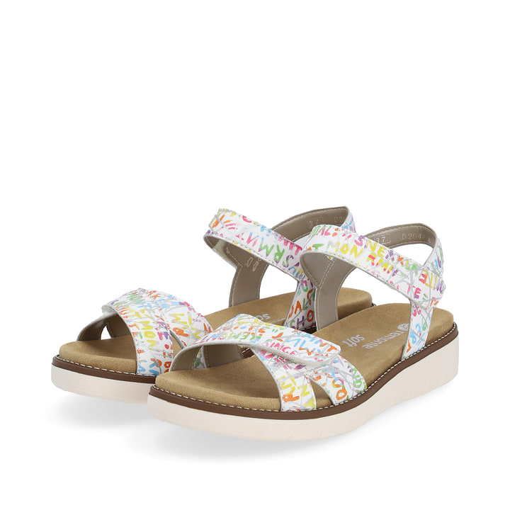 Bunte remonte Damen Riemchensandalen D2049-81 mit Klettverschluss. Schuhpaar seitlich schräg.