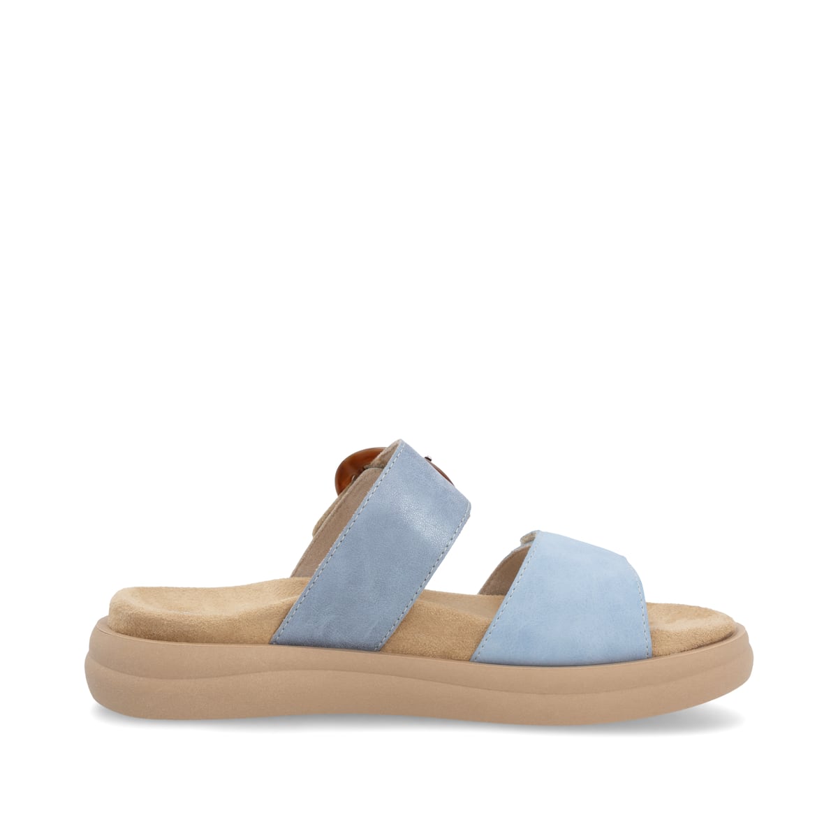 Blaue vegane remonte Damen Pantoletten D2N51-10 mit einem Klettverschluss. Schuh Innenseite.
