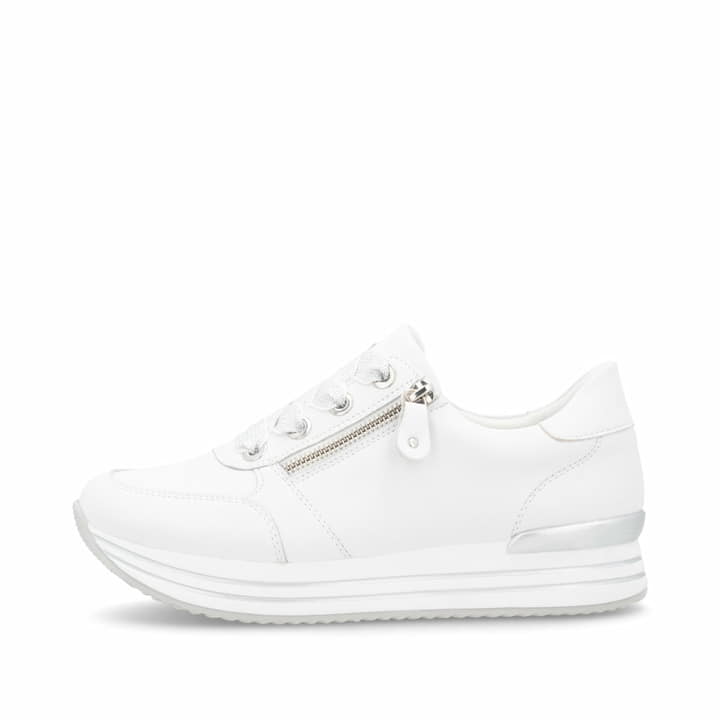 Weiße remonte Damen Sneaker Low D1302-82 mit Reißverschluss sowie Komfortweite G. Schuh Außenseite.