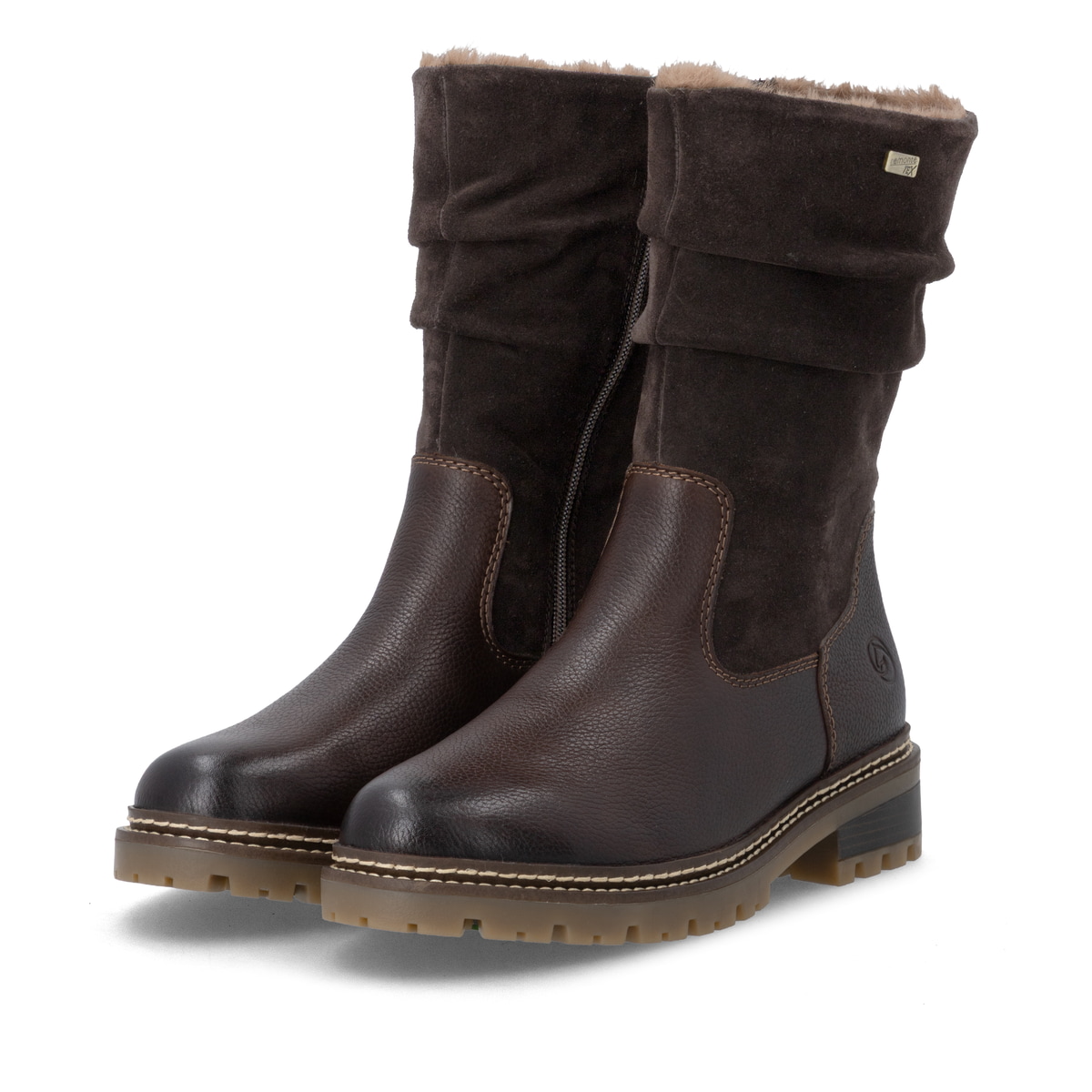 Dunkelbraune remonte Hochschaftstiefel D0B80-25. Schuhpaar seitlich schräg.