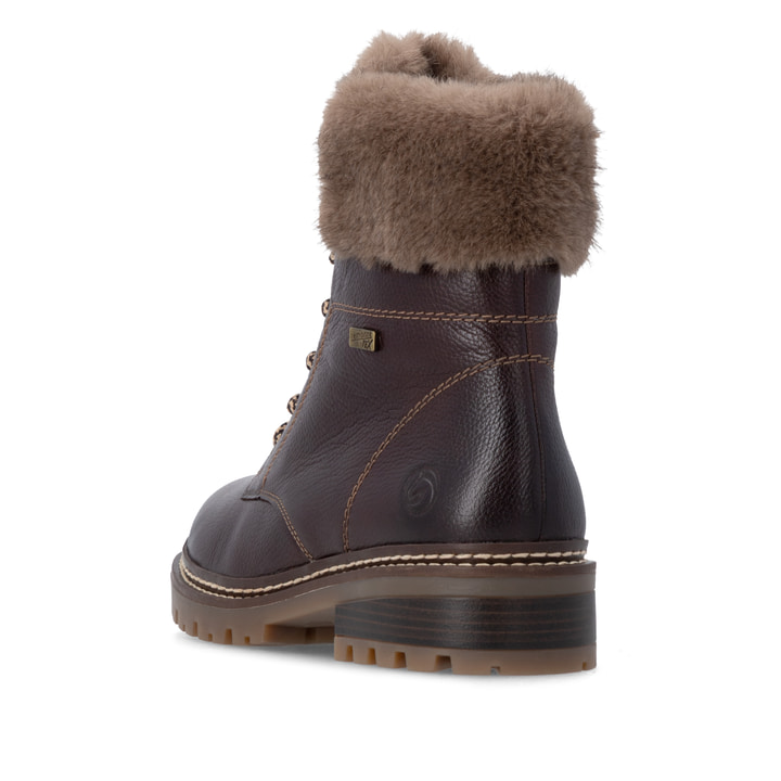 Dunkelbraune remonte Damen Schnürstiefel D0B74-25. Schuh von hinten.