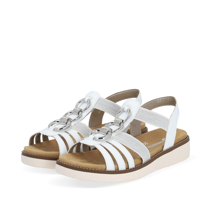 Weiße vegane remonte Riemchensandalen D2073-80 mit einem Gummizug. Schuhpaar seitlich schräg.