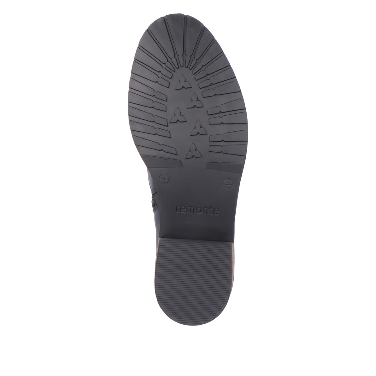 Mitternachtsschwarze remonte Damen Chelsea Boots D1A71-01 mit einer Profilsohle. Schuh Laufsohle