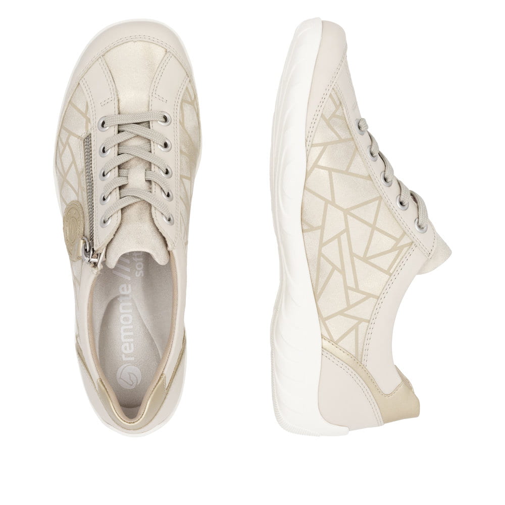 Goldene vegane remonte Damen Schnürschuhe R3408-91 mit einem Reißverschluss. Schuh von oben, liegend.